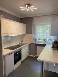 a kitchen with white cabinets and a sink and a window at Family Apartment in Karlsruhe