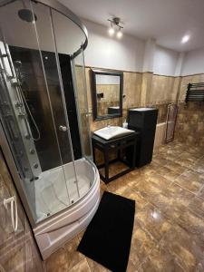 ein Bad mit einer Dusche, einem WC und einem Waschbecken in der Unterkunft Apartament Centrum-Zwycięstwa in Gliwice