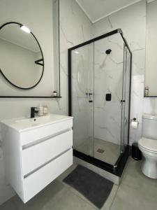 a bathroom with a shower and a sink and a toilet at Penthouse in Waterfall with backup power in Midrand