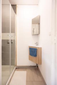 ein Bad mit einem Waschbecken und einer Dusche in der Unterkunft Bord de mer, charmant studio entièrement équipé in Bormes-les-Mimosas