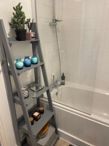 a bathroom with a shelf next to a bath tub at Centrally Located a Home from Home - Free Parking in Kent