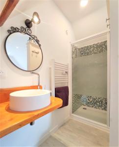 y baño con lavabo, espejo y ducha. en Gîte Les Hirondelles - Bord de mer et campagne, en Tracy-sur-Mer