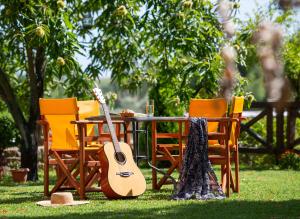 a table with a guitar sitting next to chairs at Vetrinos Apartments in Agios Nikolaos