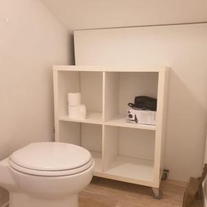 une salle de bains blanche avec des toilettes et une étagère. dans l'établissement Studio à deux pas des étangs, à Peyriac-de-Mer