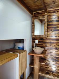 baño con paredes de madera, lavabo y espejo en Tiny House Nativa en Montecarlo