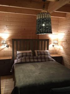 1 dormitorio con cama y lámpara de araña en Chalet Ons Oekje en Vrouwenpolder