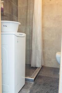 een badkamer met een douche, een toilet en een wastafel bij Modiano Studio Ι By Socrates Junior Houses in Thessaloniki