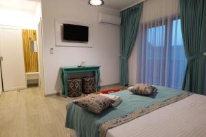 ein Schlafzimmer mit einem Bett mit Kissen und einem TV in der Unterkunft Agropensiunea Acasa La Matei in Luncaviţa