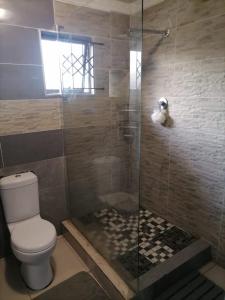 a bathroom with a toilet and a glass shower at Queens And Kings Lodge in Durban