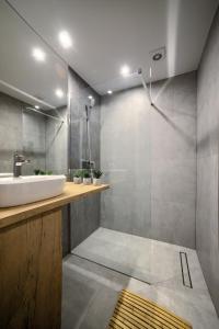 a bathroom with a sink and a shower at Nowotarżanka in Nowy Targ