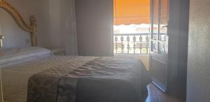 1 dormitorio con 1 cama junto a una ventana en villaislandia en Oropesa del Mar