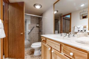 a bathroom with a sink and a toilet and a mirror at Golf Creek 32 in Teton Village