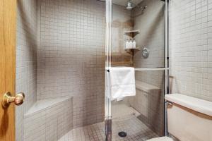 a bathroom with a shower with a toilet and a sink at The Director's Cabin in Teton Village