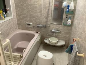 a bathroom with a tub and a toilet and a sink at ゲストハウスやごろう in Iizuka