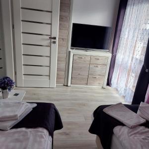 a living room with a flat screen tv and two beds at Apartamenty Pod Magnolią in Białowieża