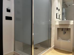 a glass shower in a bathroom with a sink at Hs Madrid Centro Atocha in Madrid