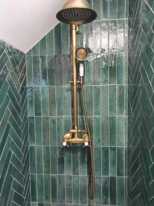 a shower in a bathroom with green tiles at Le Cœur d’Artichaut by Madame Conciergerie in Bruz