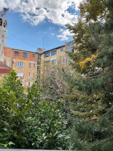 un groupe d'arbres devant certains bâtiments dans l'établissement Rose Apartment, à Skopje