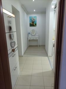 a hallway with a sink and a mirror in a room at Apartament două camere in Uricani
