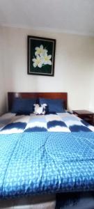 a bedroom with a blue bed with a cat sitting on it at Mediterania palace residences kemayoran in Jakarta