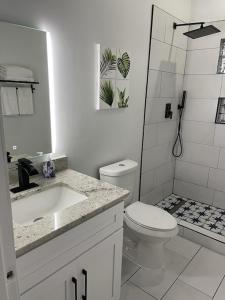 a bathroom with a toilet and a sink and a shower at City Serenity-2BR Home away from Home. 6 Min from ATL Airport in Atlanta