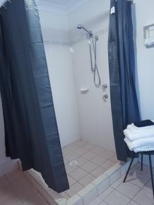 ein Badezimmer mit einer Dusche mit einem blauen Duschvorhang in der Unterkunft The Coastal Nest in Sussex inlet