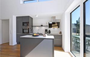 a kitchen with gray cabinets and a large window at Cozy Home In Lembruchdümmer See in Lembruch