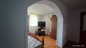 an archway leading into a living room with a television at DARIAMAF in Câmpulung Moldovenesc