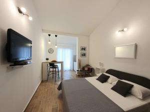 1 dormitorio con 1 cama y TV de pantalla plana en Studio apartment in Stinjan with balcony, air conditioning, WiFi 5018-2, en Pula