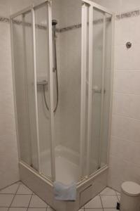 a shower with a glass door in a bathroom at Ferienwohnung Coco in Stick