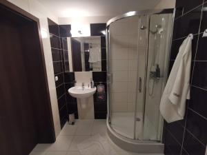 a bathroom with a shower and a sink at Apartament Perła 22 Jezioro Pluszne in Mörken +10 photos