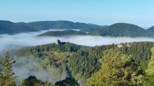 a view of a valley with fog in the hills at Gîte pour 2 in Wingen
