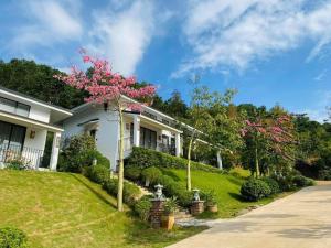 una casa con un árbol florido en el patio en Onsen Villas - Venuestay en Hòa Bình