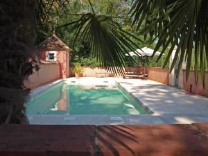a swimming pool in a backyard with a palm tree at La Mouline in Labastide-du-Vert