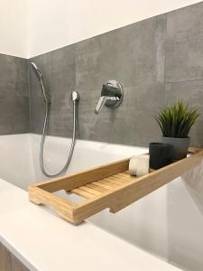 a bathroom with a bath tub with a shower and a sink at Palais Karl-Theodor in Rottach-Egern