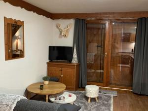 Televízia a/alebo spoločenská miestnosť v ubytovaní Chalet mitoyen 3 pièces, 8 pers. avec terrasse et parking à La Joue du Loup - FR-1-504-641