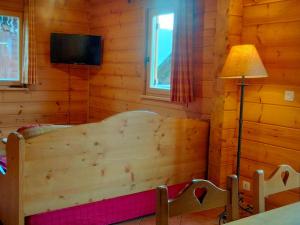 a bedroom with a bed and a tv and a lamp at Chalet cosy à La Joue du Loup, piscine gratuite, 6 pers, ski à 5 min - FR-1-504-651 in Le Dévoluy