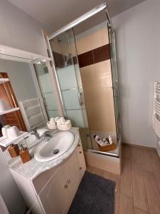 a bathroom with a sink and a shower at Home Up Pontoise in Pontoise