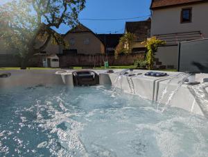 a pool with a water fountain in a yard at La Maison d'Emilie in Pfaffenheim