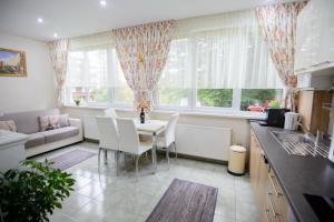 a kitchen and living room with a table and chairs at Apartament Eliza in Poiana Brasov