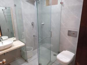 a bathroom with a shower and a toilet and a sink at Hotel Woodside Prestige in Tirupati