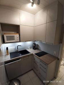 a small kitchen with a sink and a microwave at Ferienhaus D51 Europa Feriendorf 2-5 Personen in Lichtenau