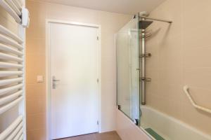 a bathroom with a shower and a glass door at Domaine du Prieuré in Rovagny