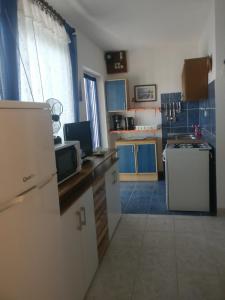 kuchnia z niebieskimi szafkami i białą lodówką w obiekcie Apartments Topić w mieście Privlaka