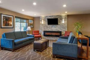 a living room with two couches and a fireplace at Comfort Inn Romeoville - Bolingbrook in Romeoville