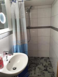 Un baño con lavabo y ducha en Zimmer im UG direkt in der Innenstadt, Centrum, en Schwerin
