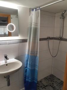a bathroom with a shower curtain and a sink at Zimmer im UG direkt in der Innenstadt, Centrum in Schwerin