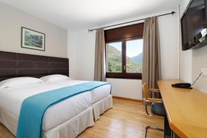 Habitación de hotel con cama, escritorio y ventana en Hotel Blu Aran en Vielha