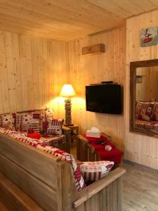 een woonkamer met een bank en een televisie bij Magnifique T3 entre lac et montagne près d'Annecy in Montmin