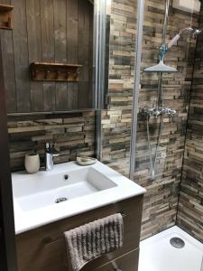 ein Badezimmer mit einem weißen Waschbecken und einer Dusche in der Unterkunft Magnifique T3 entre lac et montagne près d'Annecy in Montmin + 16 Fotos